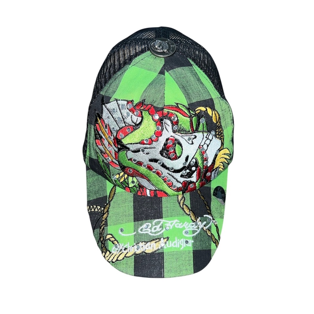 Ed Hardy Trucker Hat Mens OS Green Black Plaid Rhinestone Skull Snapback Cap